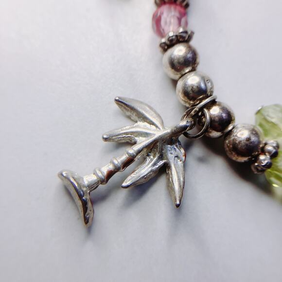 VTG Silver-Plated Y2K Charm Bracelet, Tropical Enamel Palm Trees Plastic Beads - Picture 4 of 6